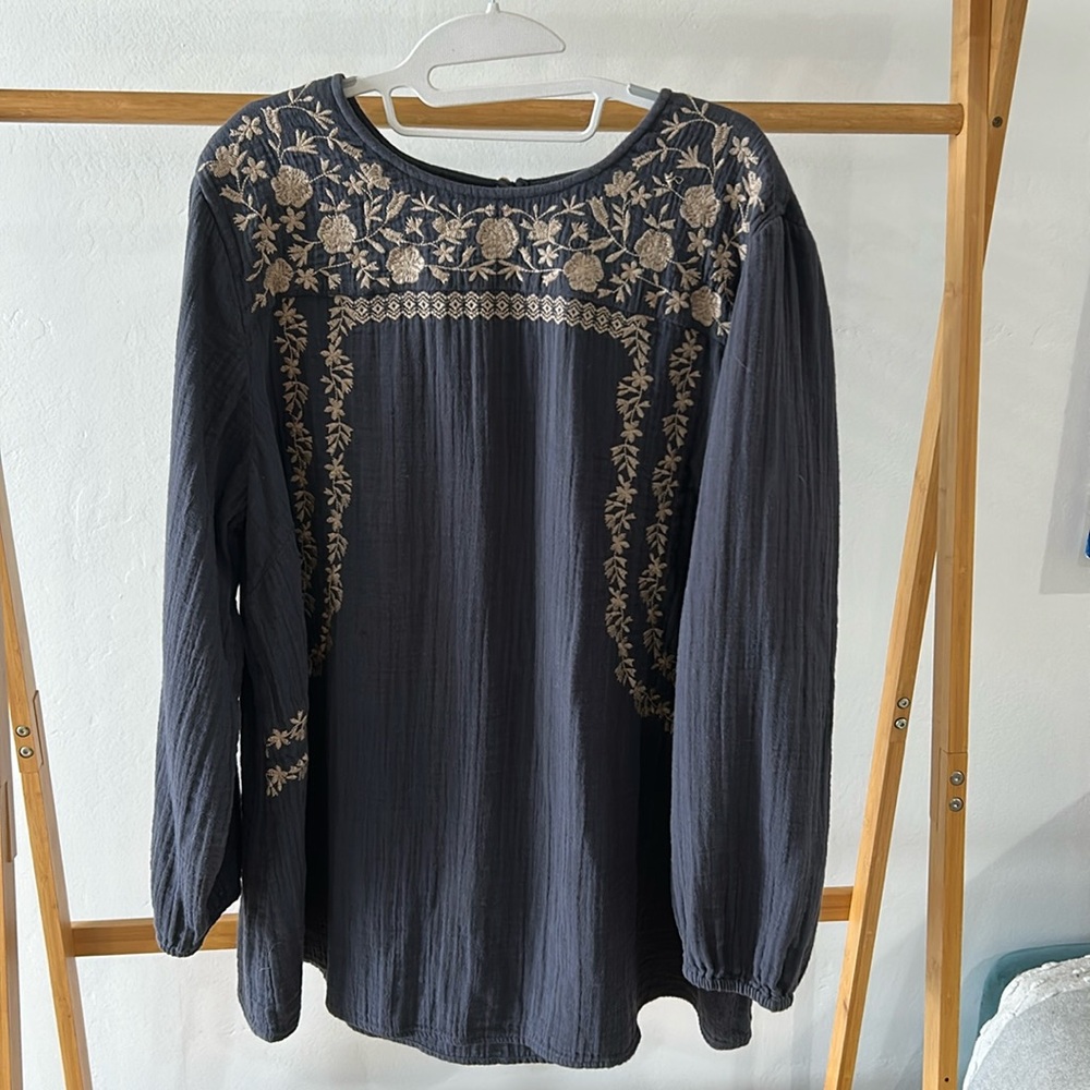 J. Jill Blue Gauze Tunic Embroidered YokeSize XL Long Sleeve